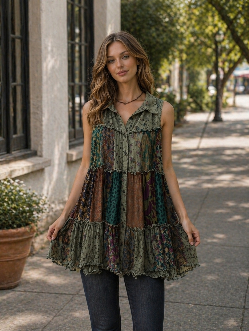 Young Threads Boho Patchwork Tunic Top | Sleeveless Tiered Floral | Festival